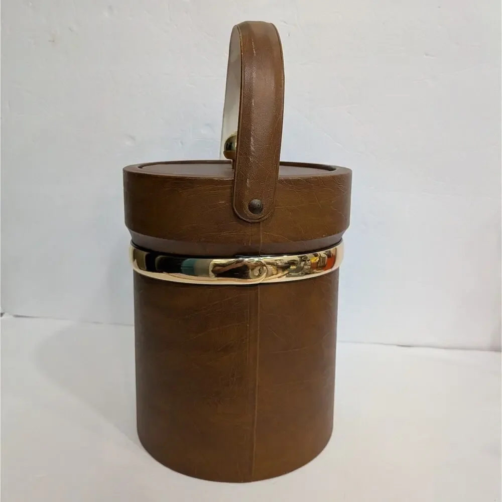 Vintage MCM Brown Faux Leather Ice Bucket Gold Brass Trim Handle Retro Barware